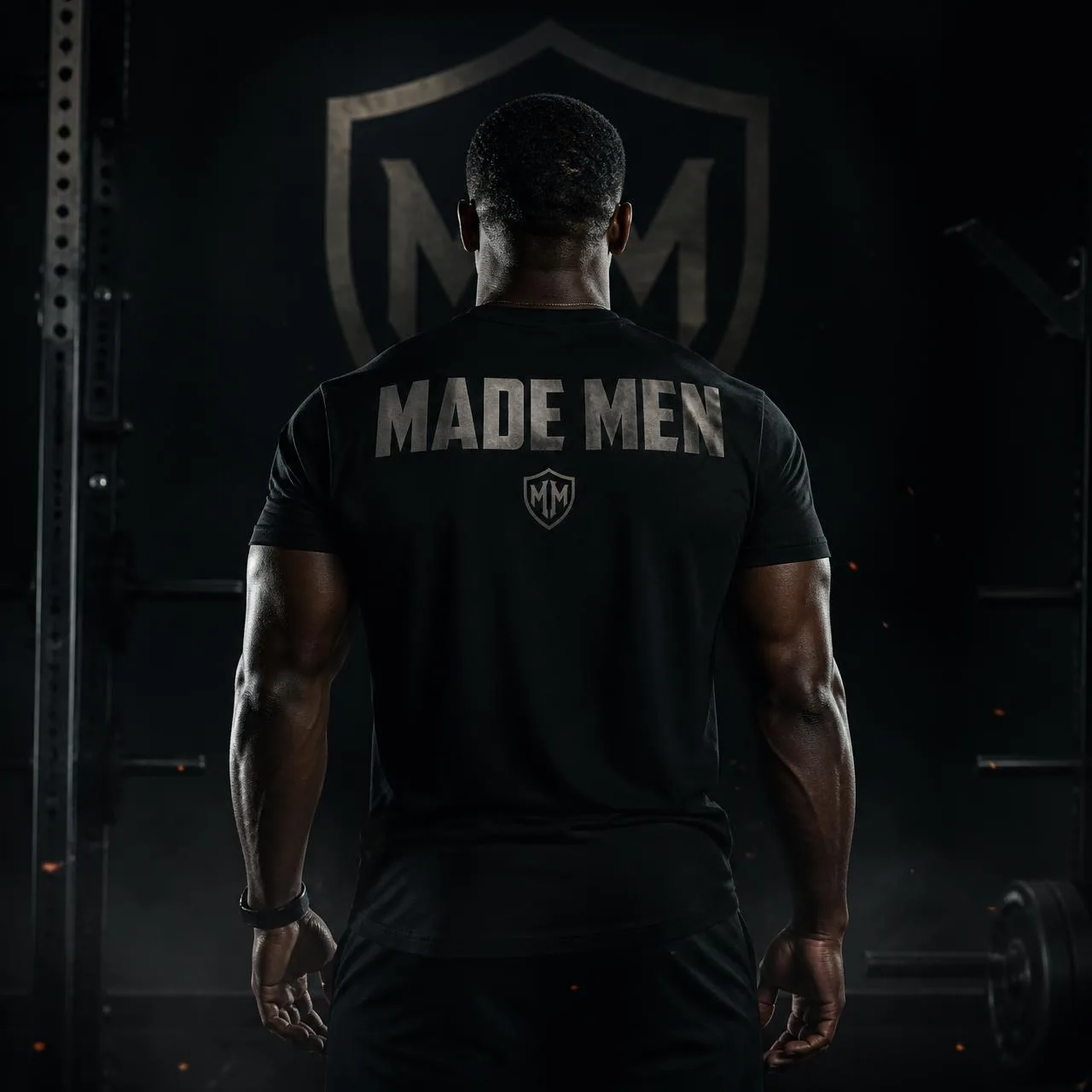Man from behind wearing a Made Men shirt during a strength training session in a Hagerstown, MD gym